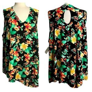 Rafaella Womens Bold Black Floral V-Neck Top 2X Hi-Low Sleeveless Pullover NEW